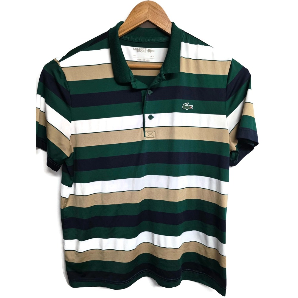 Lacoste Sport Mens XL Striped Polo Shirt Green White